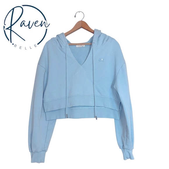 For Love & Lemons Harper Crop Hoodie Blue V Neck Drawstring Sweatshirt Size M‎ - Picture 4 of 13